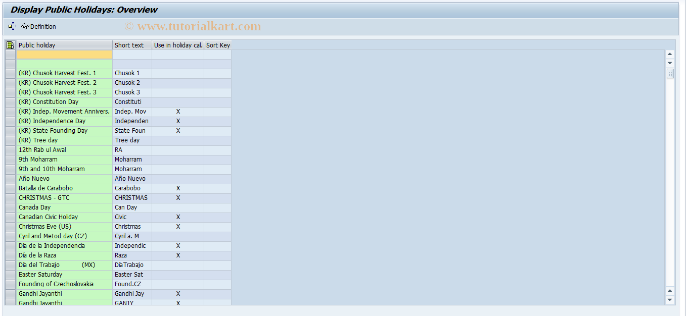 SAP TCode SFT1 - Maintain Public Holidays