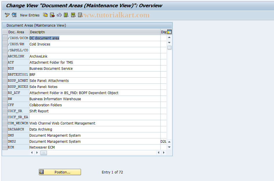 SAP TCode SI24_9 - Document Management Areas (View)