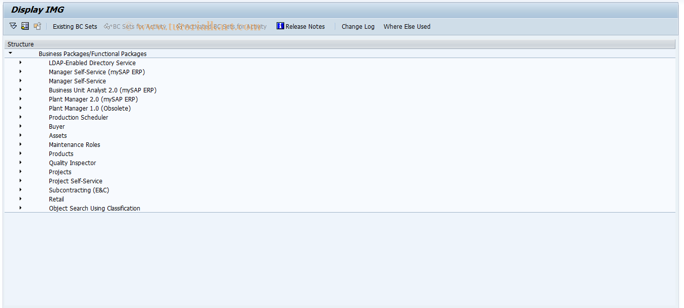 SAP TCode SIMG_SPORT - IMG Business / Functional Packages