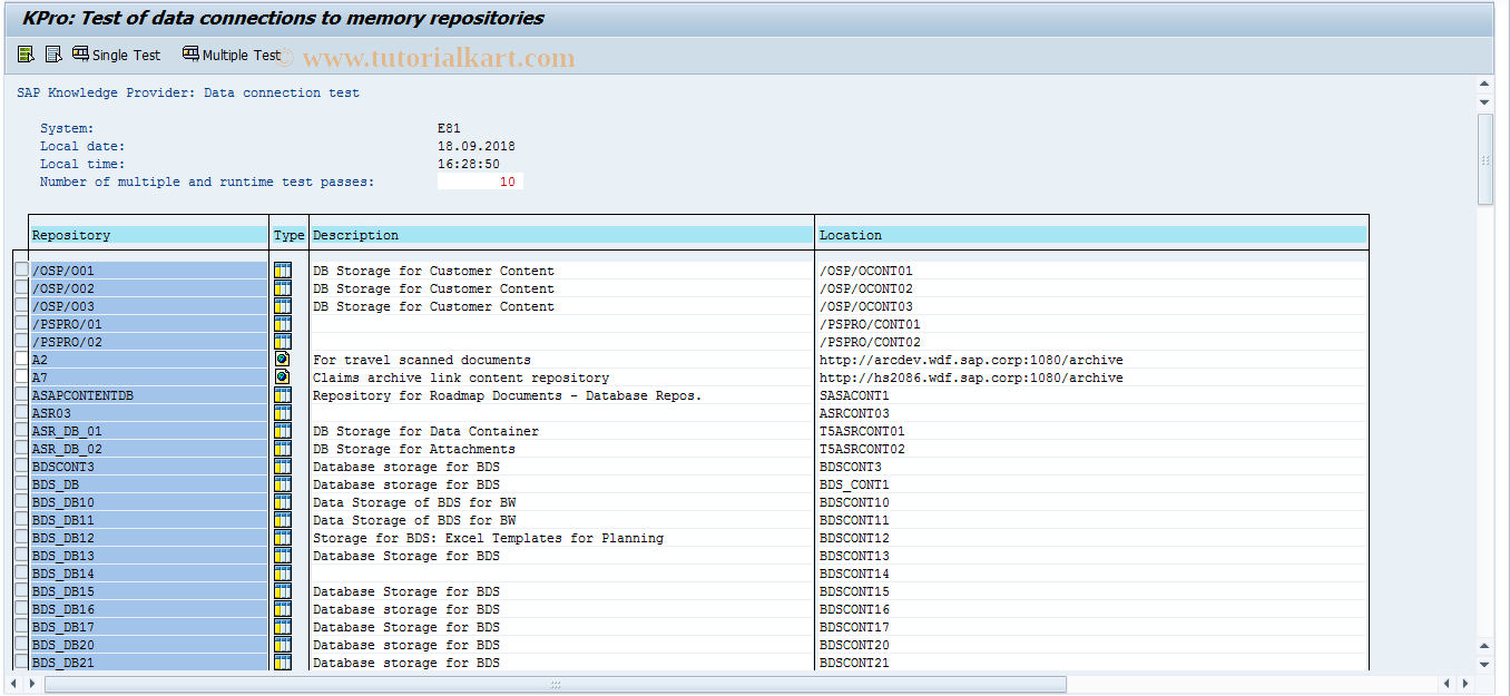 SAP TCode SKPR09 - Test Content Repositories