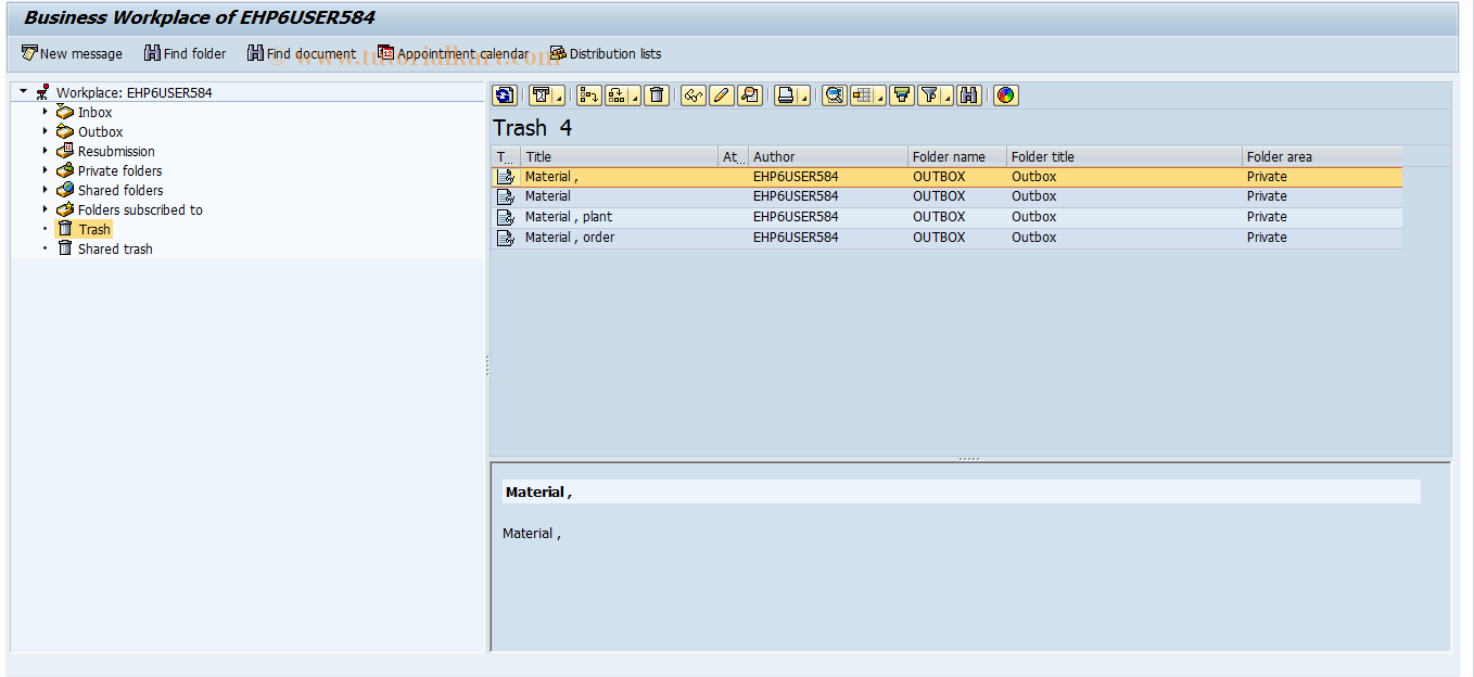 SAP TCode SO05 - SAPoffice: Private Trash