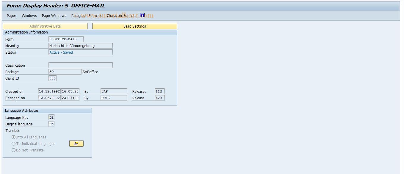 SAP TCode SO40 - SAPoffice: Customer  Layout Set MAIL