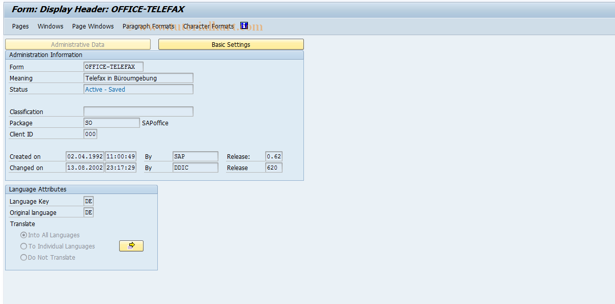 SAP TCode SO41 - SAPoffice: Customer  Layout Set TELEFAX