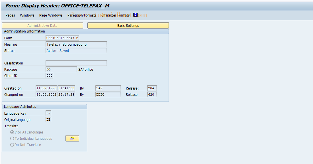 SAP TCode SO43 - SAPoffice: Customer Layout Set TELEFAX_M