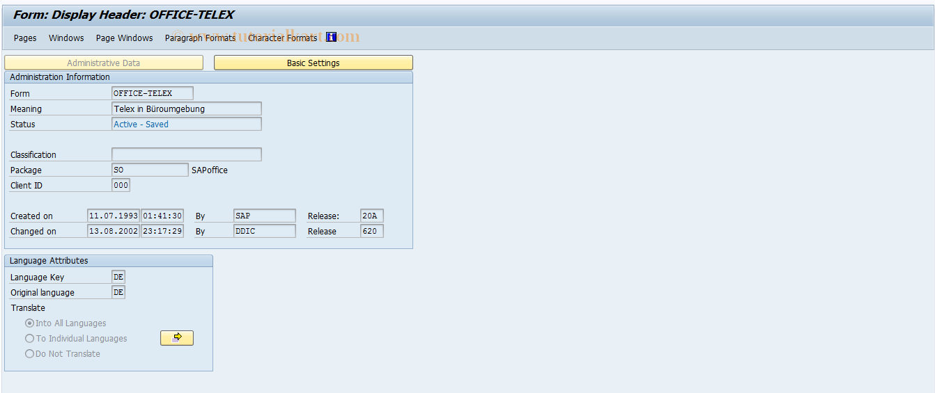 SAP TCode SO44 - SAPoffice: Customer  Layout Set TELEX