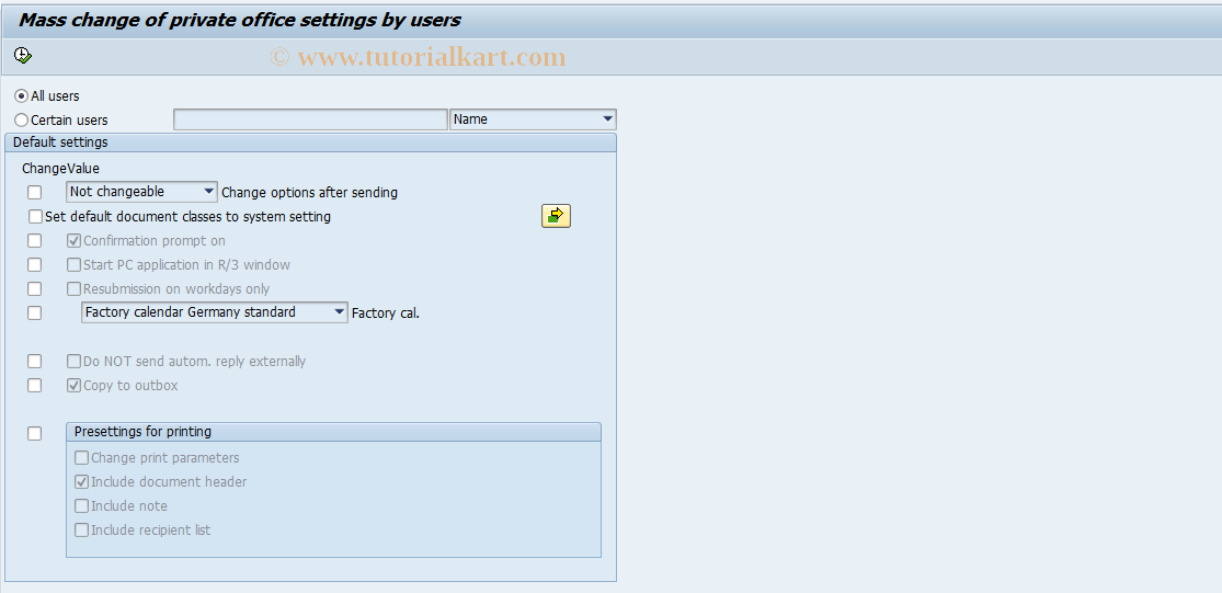 SAP TCode SOY1 - SAPoffice: Mass Maintenance  Users