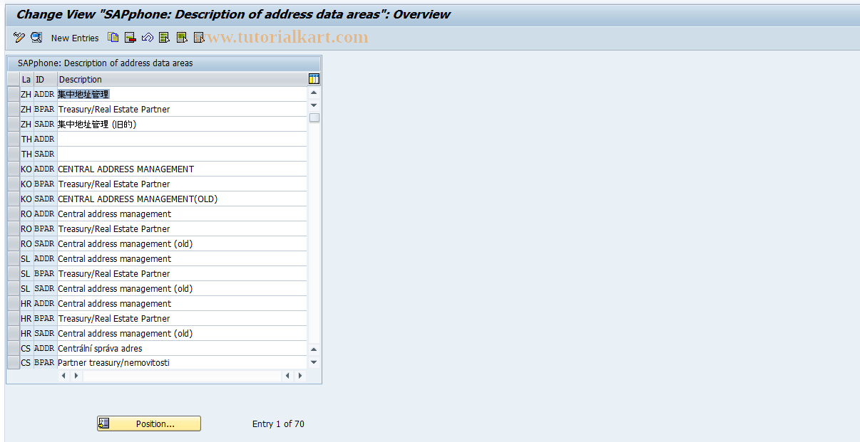 SAP TCode SPH7 - Language-dep. addr. data area texts