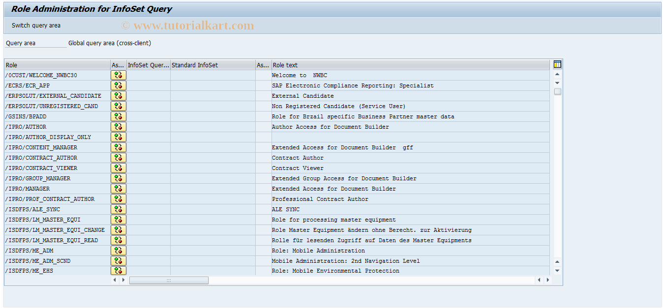 SAP TCode SQ10 - SAP Query: Role Administration