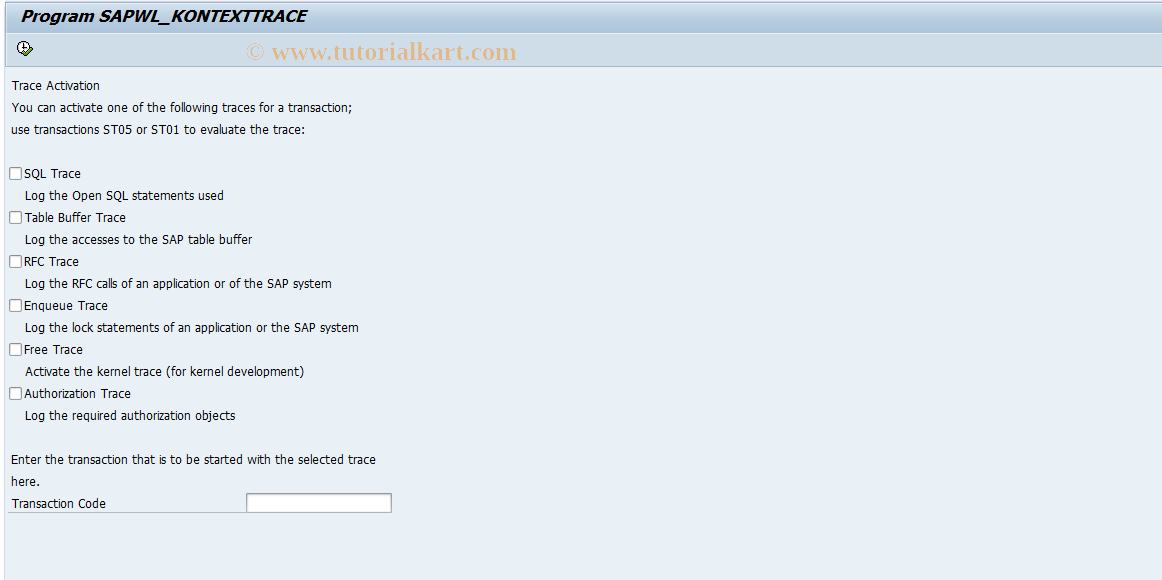 SAP TCode STKONTEXTTRACE - Switch On Context Trace