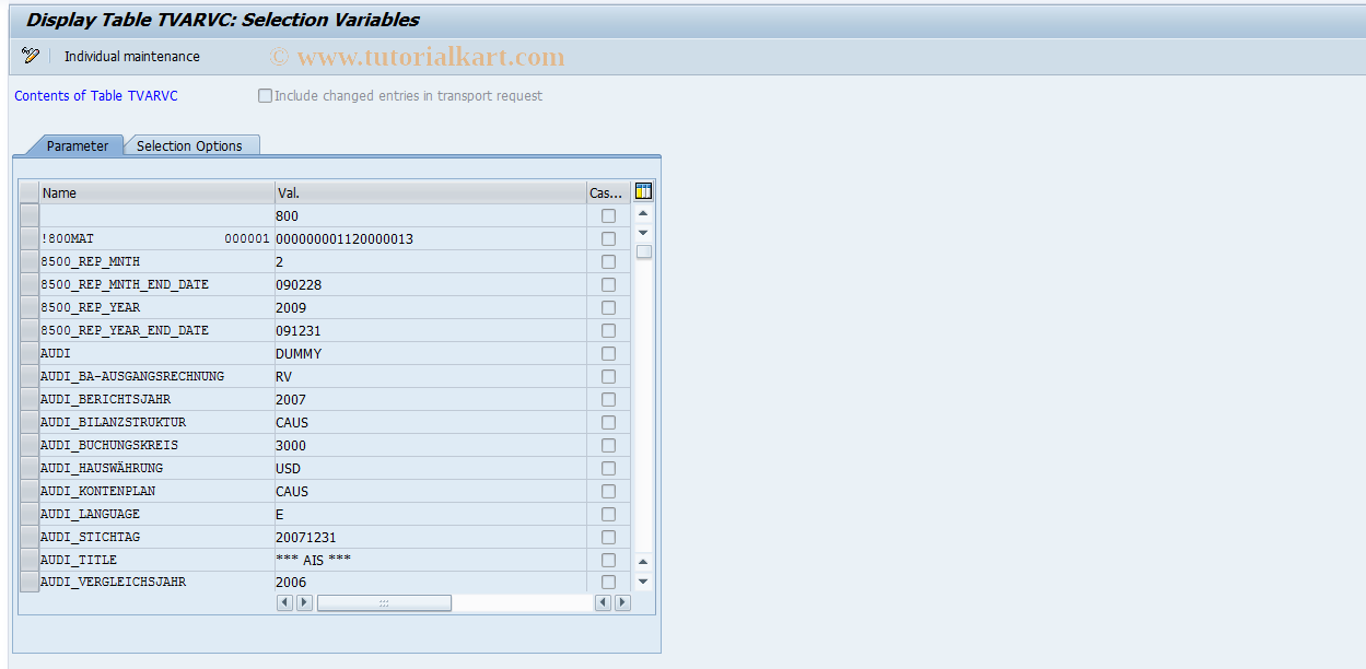 SAP TCode STVARV - Selection variable maint. (TVARVC)