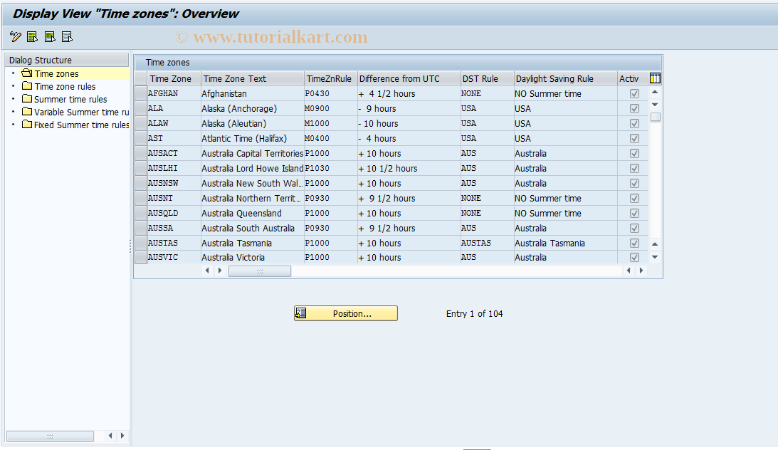 SAP TCode STZBD - Display time zones (Basis Customer )