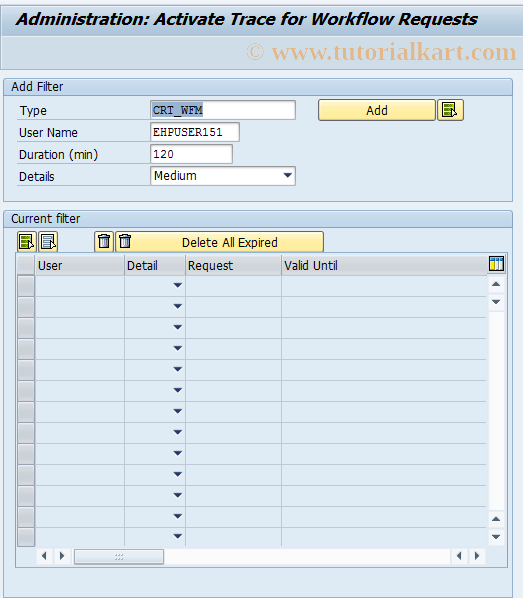 SAP TCode SWTFILTER - Administration: Trace Activation