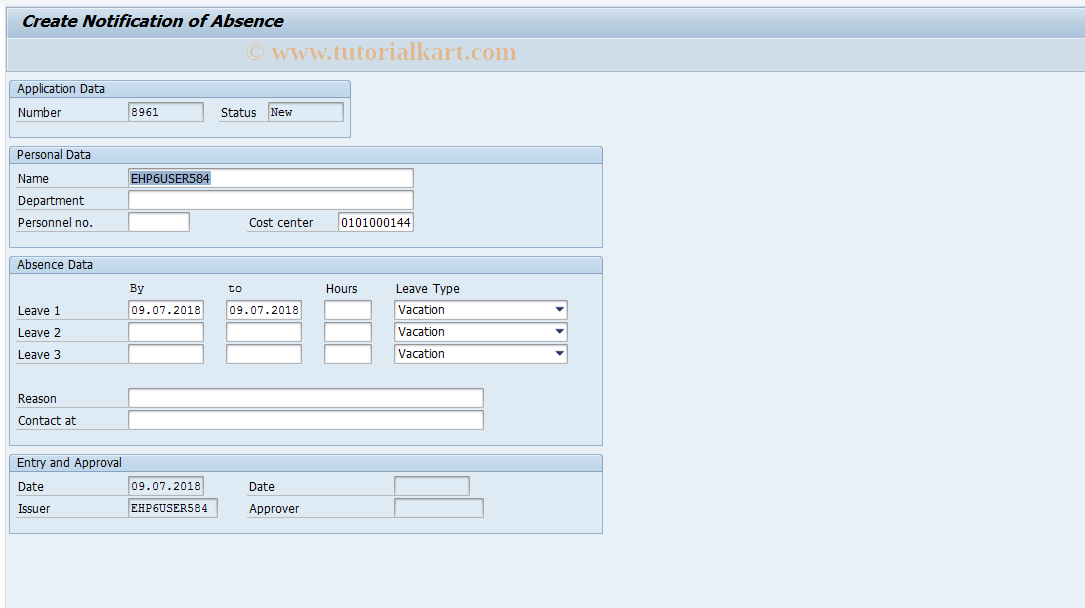 SAP TCode SWXF - DEMO: Create Notification of Absence