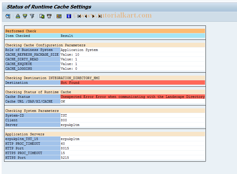 SAP TCode SXI_CHECK_CACHE - Check Settings of Runtime Cache