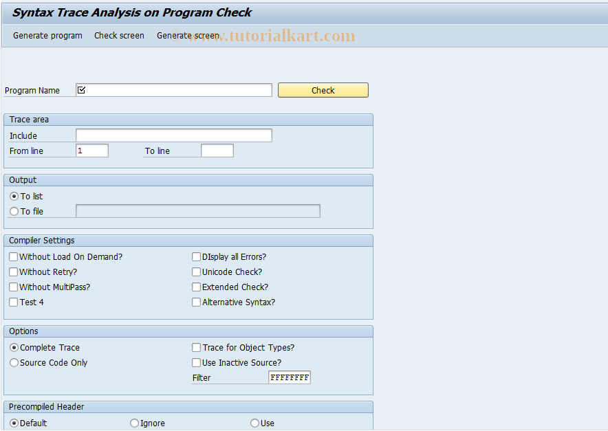 SAP TCode SYNT - Display Syntax Trace Output