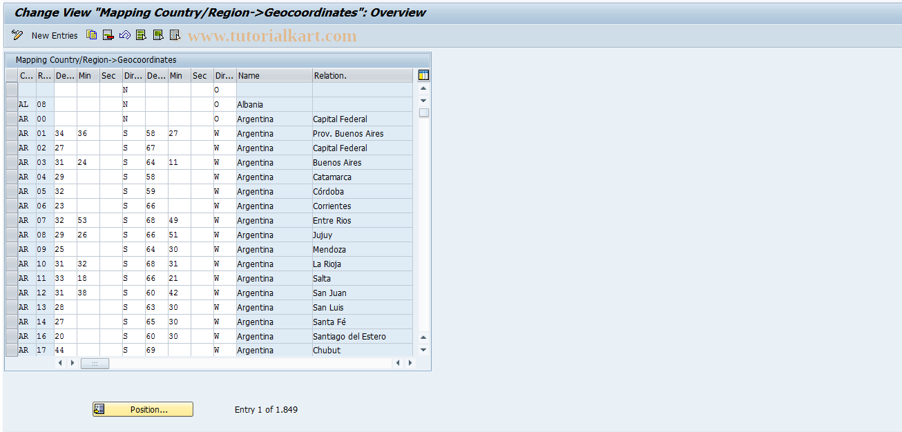 SAP TCode SZGEOCD_GEOT005S - Maintain Geodata for Country/Region