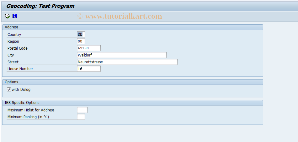 SAP TCode SZGEOCD_TEST - Geocoding Test Program