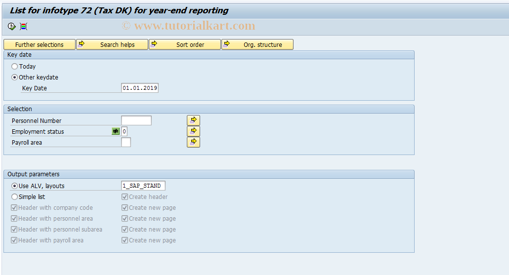 SAP TCode S_AHR_61015832 - List for Infotype 72 (Tax DK) for Ye