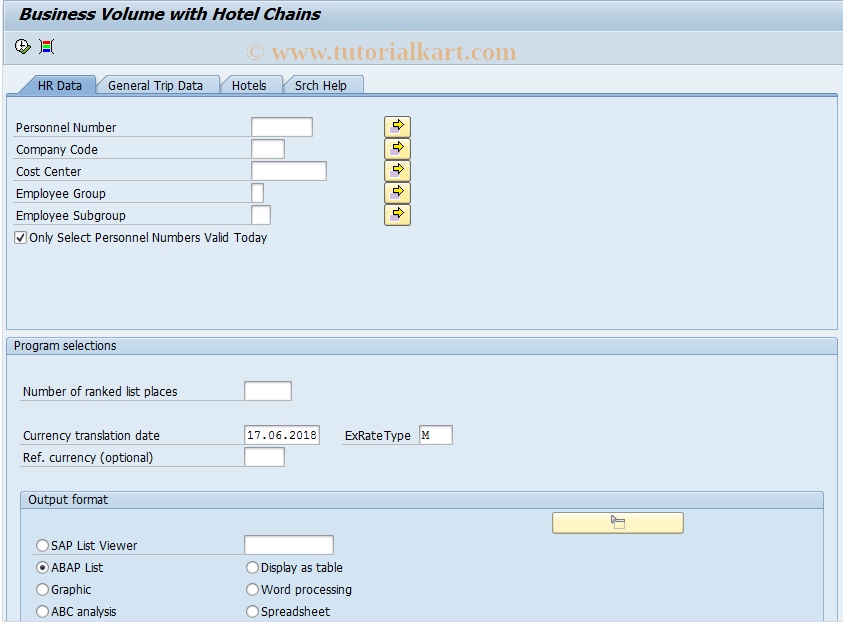 SAP TCode S_AHR_61016284 - Business volume with hotel chains