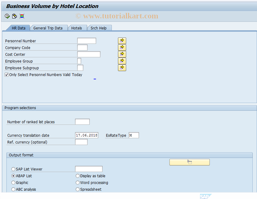 SAP TCode S_AHR_61016285 - Business Volume by Hotel Location