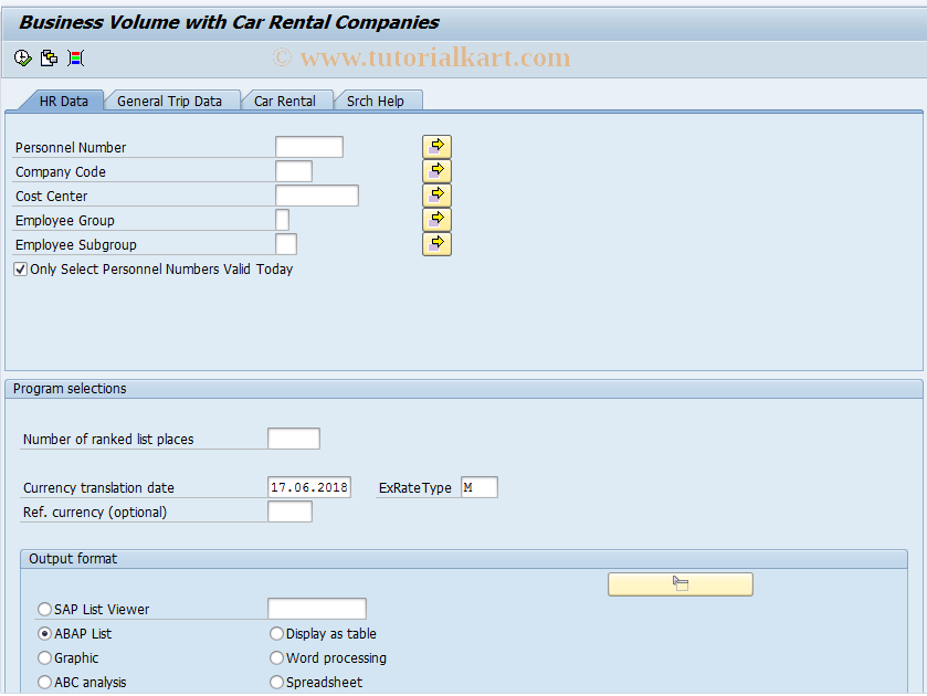 SAP TCode S_AHR_61016286 - Business Volume with Car Rental Cos
