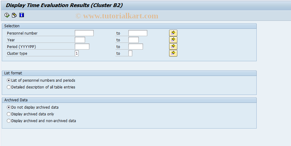 SAP TCode S_AHR_61016312 - Display Time Evaluation Results (Clu