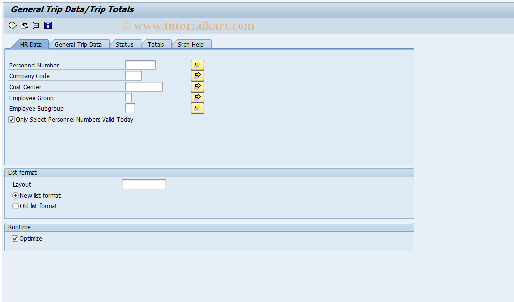 SAP TCode S_AHR_61016401 - General Trip Data/Trip Totals