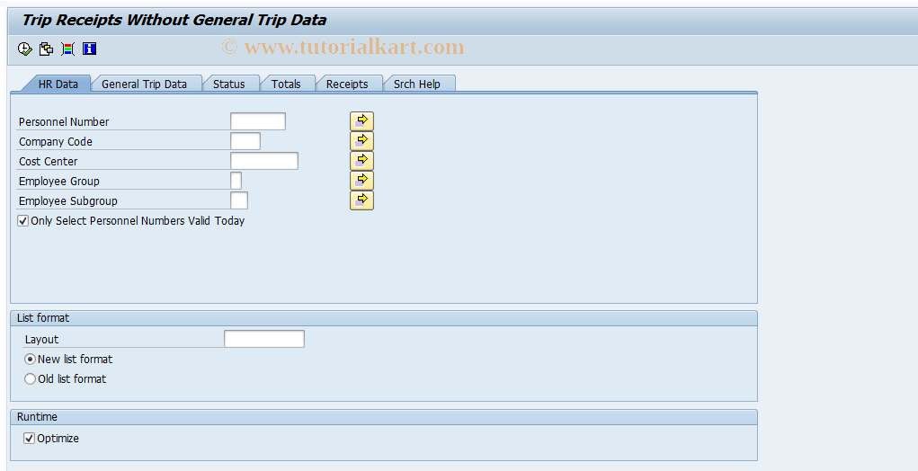 SAP TCode S_AHR_61016403 - Trip Receipts Without Gen. Trip Data