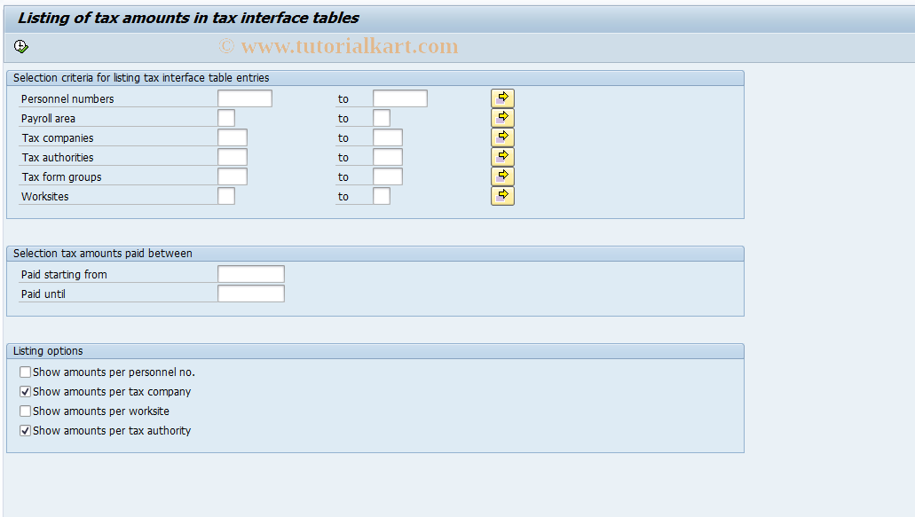 SAP TCode S_AHR_61018782 - Listing of tax amounts in tax interf