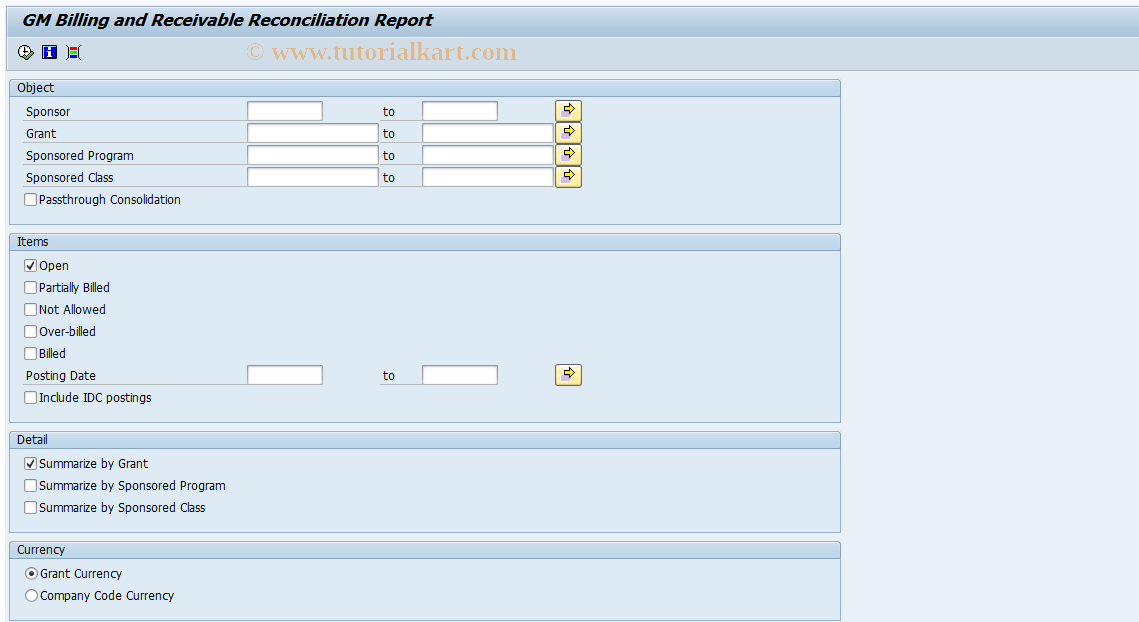 SAP TCode S_ALN_01000534 - Grant Billing Reconciliation Report
