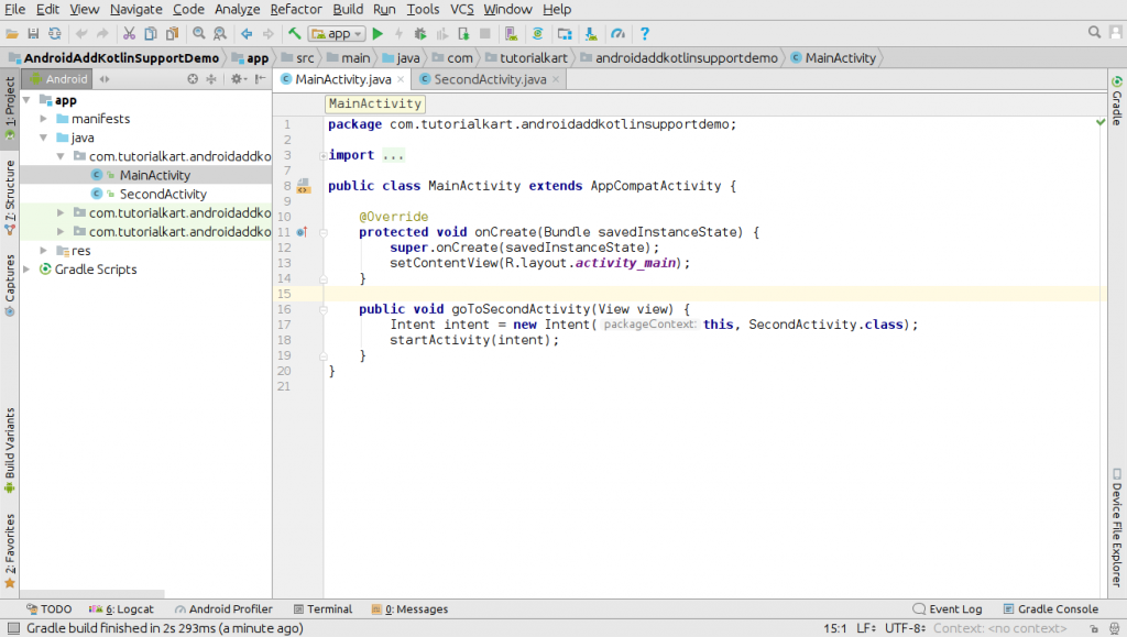 Existing Android Studio project with Java files - Convert Java Files in Android Application to Kotlin Files or Classes - Kotlin Tutorial - www.tutorialkart.com