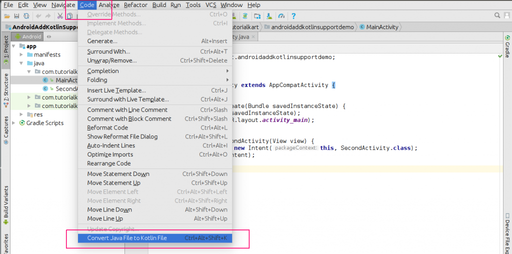 Convert Java Files in Android Application to Kotlin Files or Classes - Kotlin Tutorial - www.tutorialkart.com