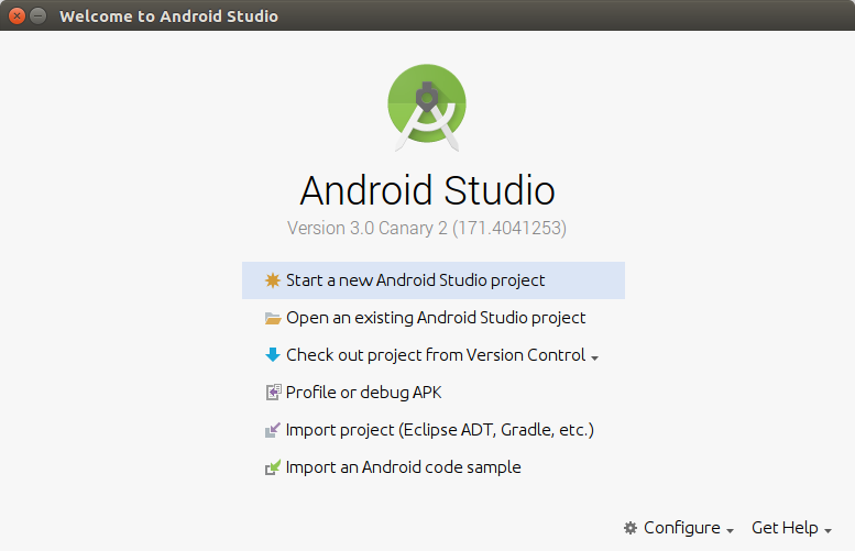 Android Studio Welcome Screen - Kotlin Android Application Example - www.tutorialkart.com