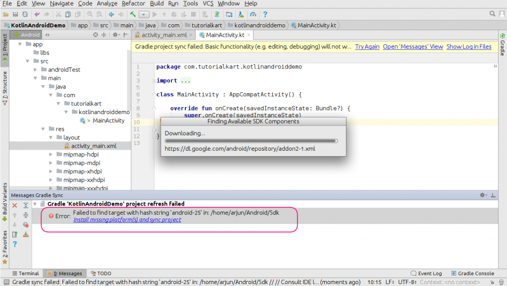 Install missing platform(s) - Kotlin Android Application Example - www.tutorialkart.com