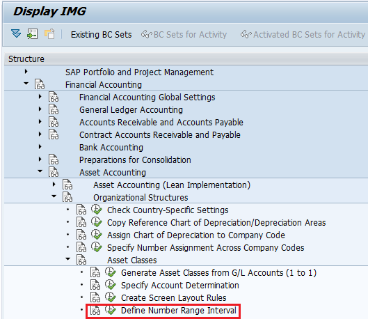 Define number range interval for assets menu path