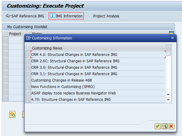 SAP SPRO customizing execute project - IMG Information