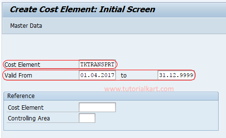 create secondary cost element initial screen SAP