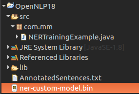 Model saved to ner-custom-model.bin - NER Training in OpenNLP with Name Finder Training Java Example - OpenNLP Tutorial - www.tutorialkart.com