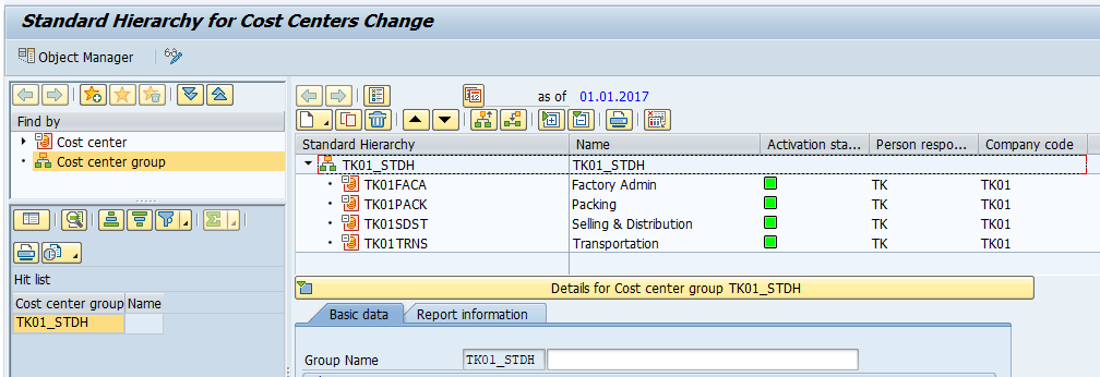 Define Standard Cost Center Hierarchy for Controlling Area SAP