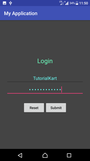 UserName and Password are entered into fields - Kotlin Android Tutorial - www.tutorialkart.com