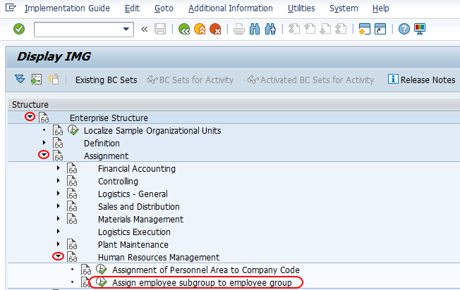 Assign employee subgroup to employee group SAP path