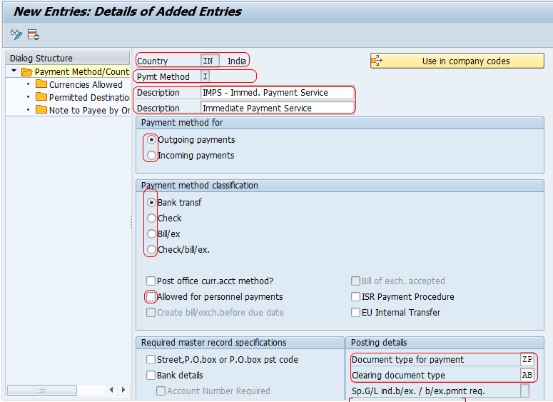 Automatic Payment Program Run in SAP - payment methods in country