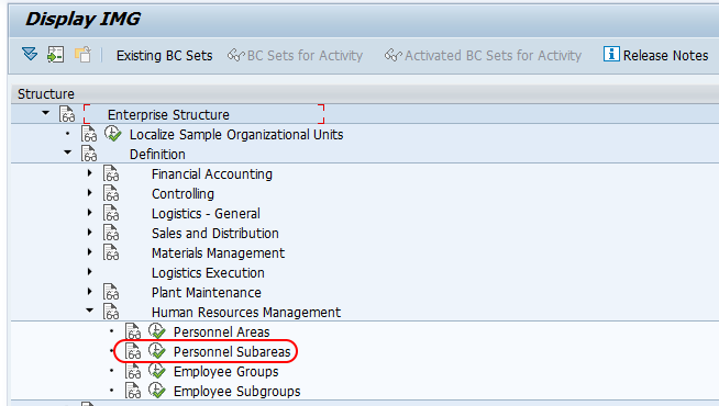 Personnel Subareas SAP menu path