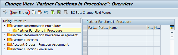 partner functions in procedures new entries SAP