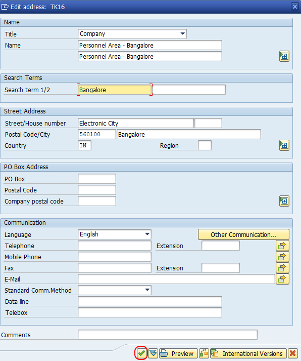 personnel area address details SAP