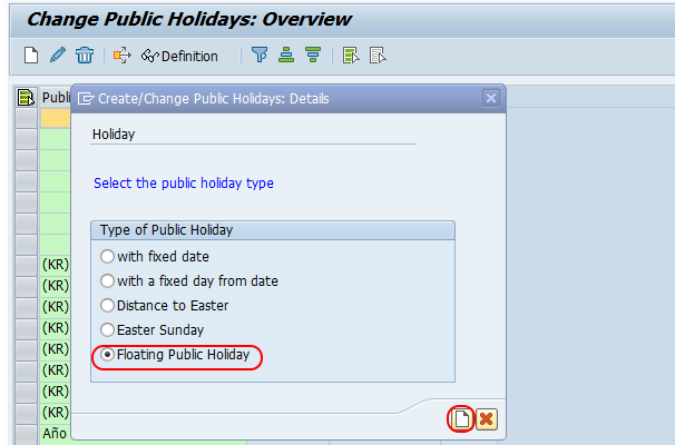 floating public holiday create SAP