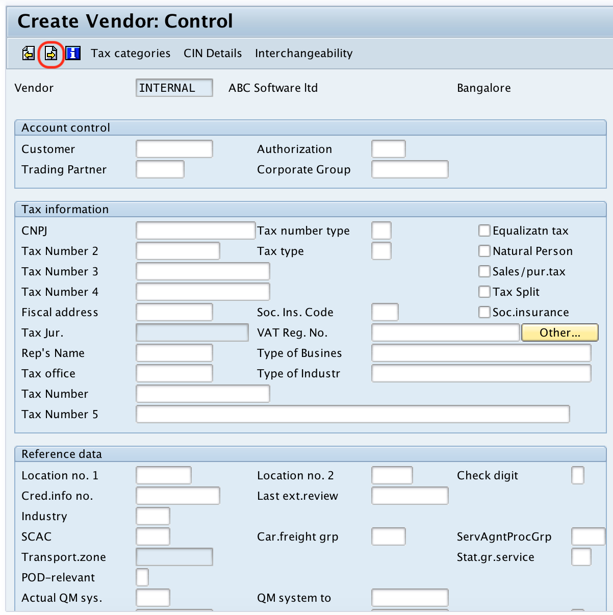 Create vendor control SAP