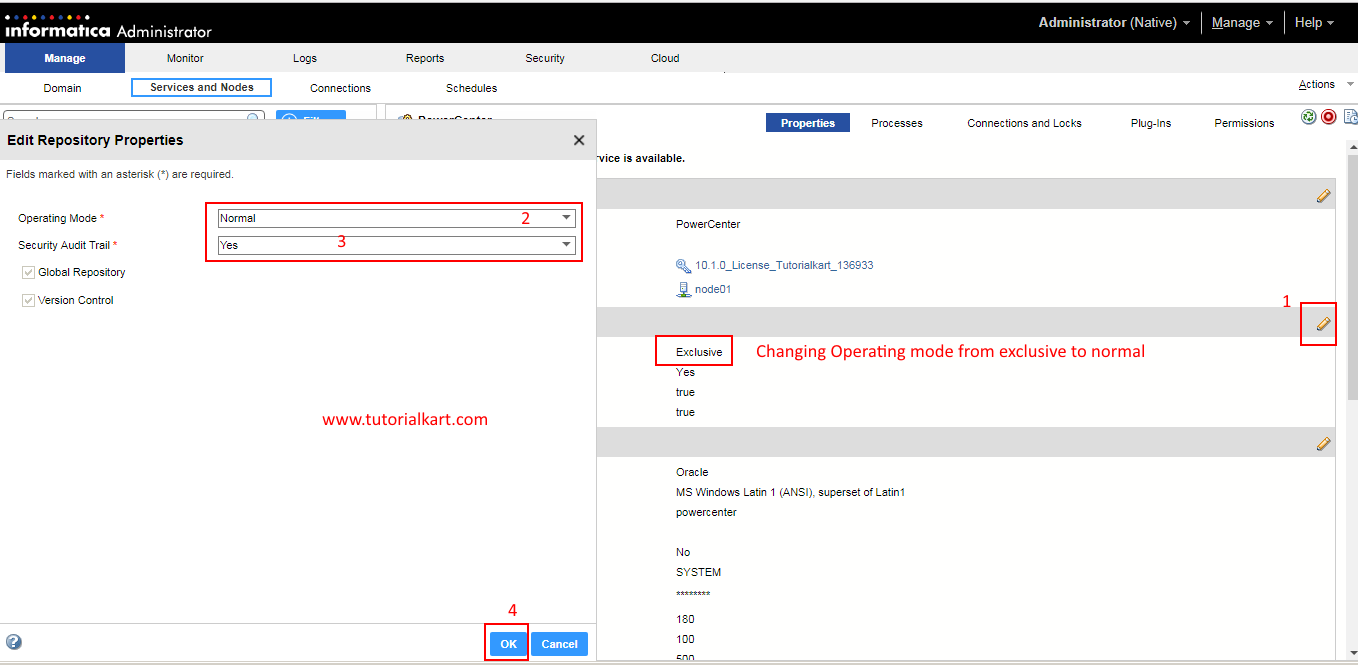 change powercenter operating mode from exclusive to normal