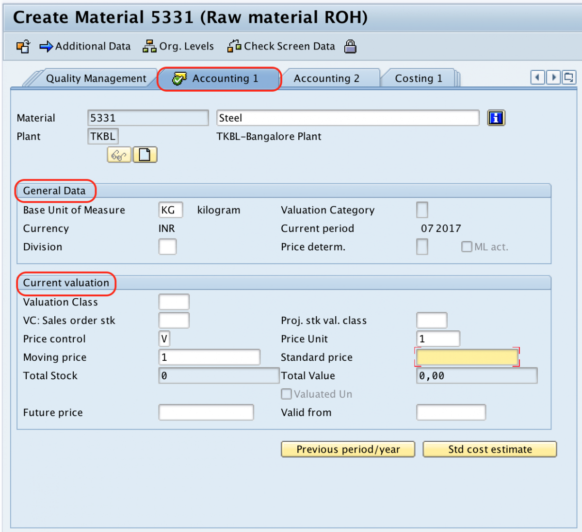 sap transaction for material account assignment