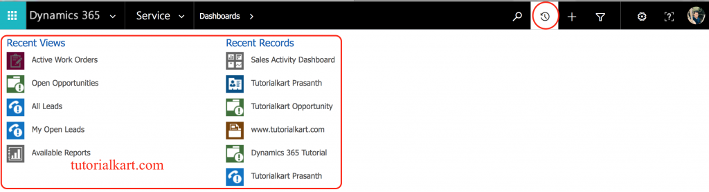 Open recent pages in Microsoft Dynamics 365.